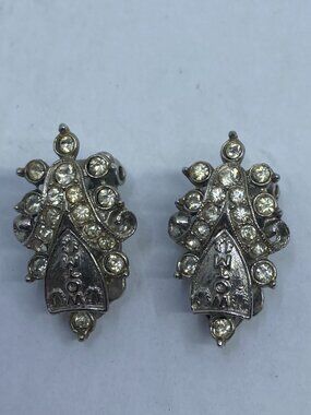 Vtg WOTM Women of the moose order rhinestone silver tone clip earrings